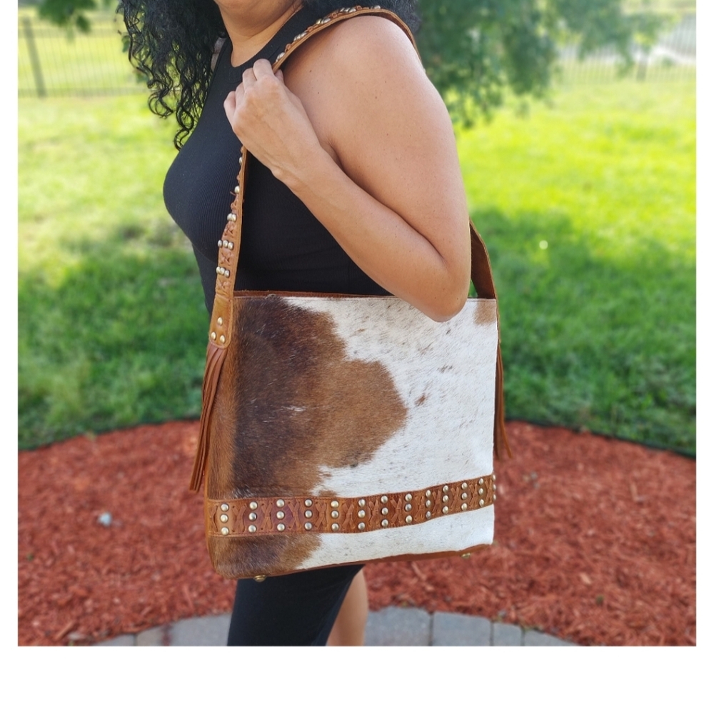 Tan Leather & Cowhide Stud Detail Tote